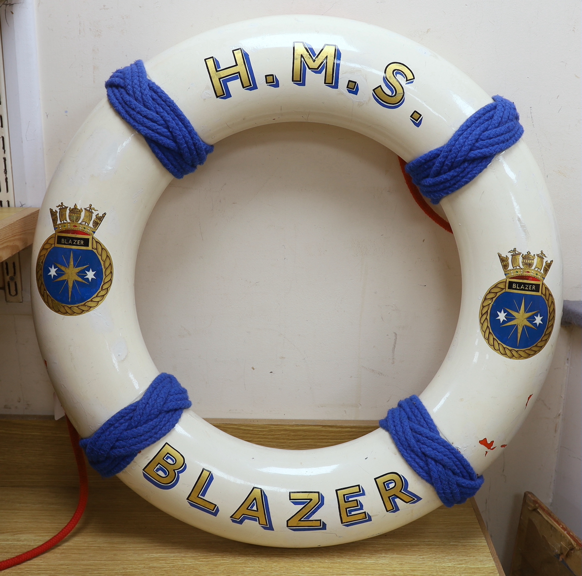 A ship's lifebuoy painted plastic ring, for H.M.S. Blazer, 75cm diameter